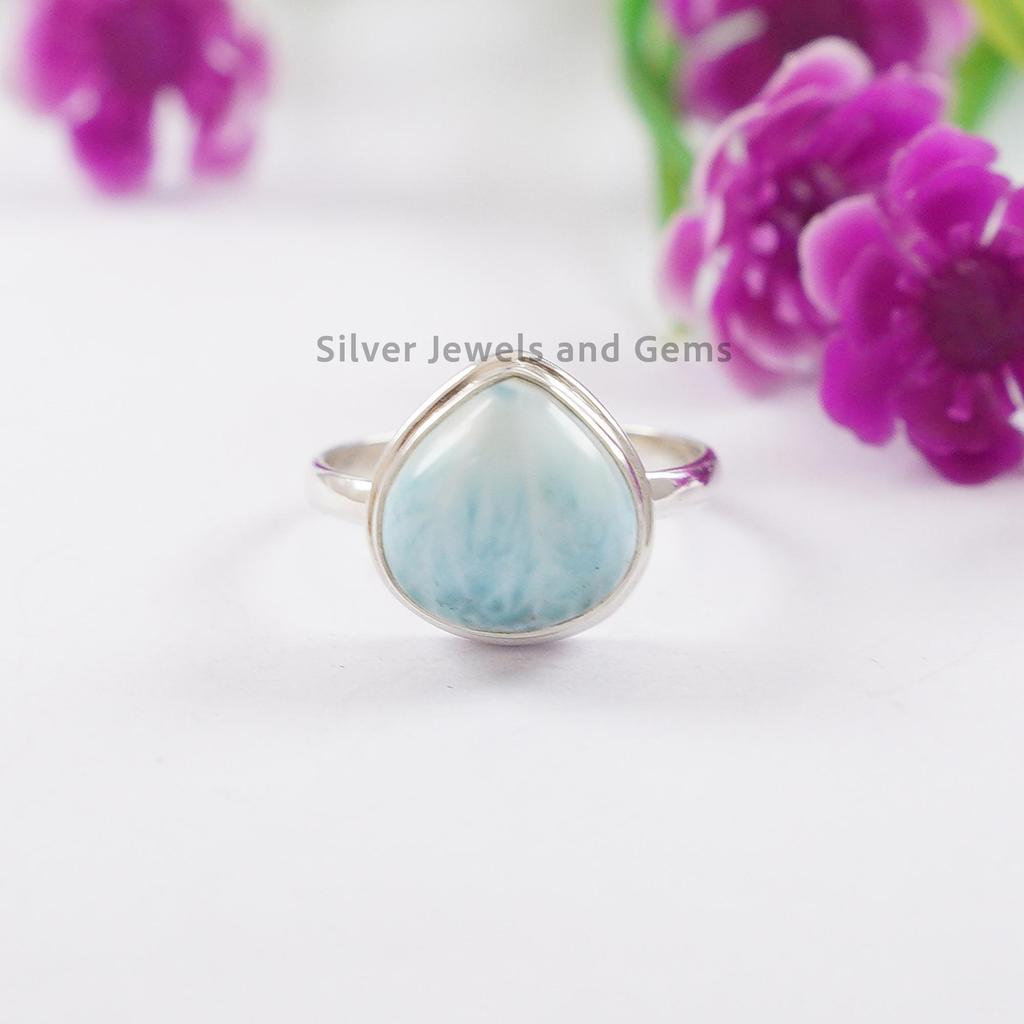 Natural Larimar Ring, 925 Sterling Silver Handmade Ring, Pear Shape Gemstone Ring, Blue Stone Ring, Promise Ring