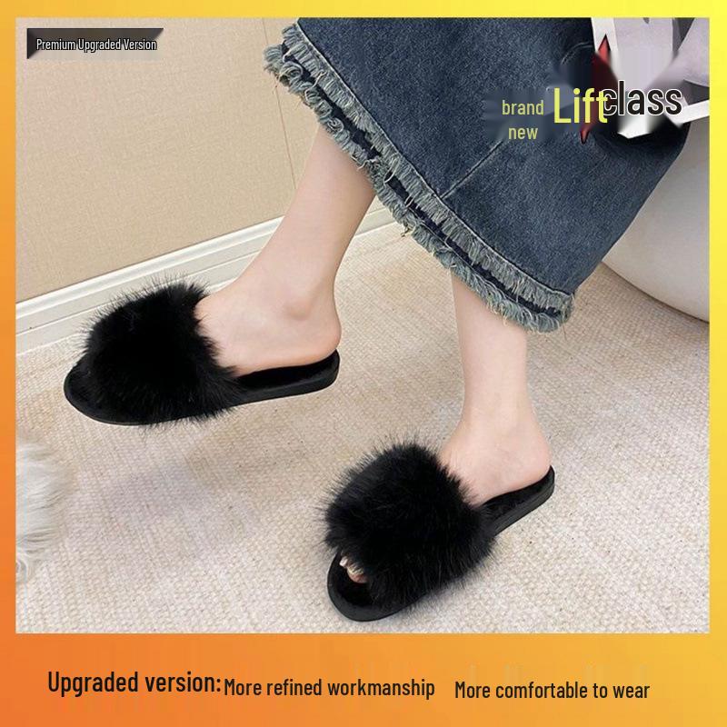 2026 Autumn/Winter Women's Silent Plush Cotton Slippers - Furry, Solid Color, One-Word Design, Indoor/Outdoor Wear.