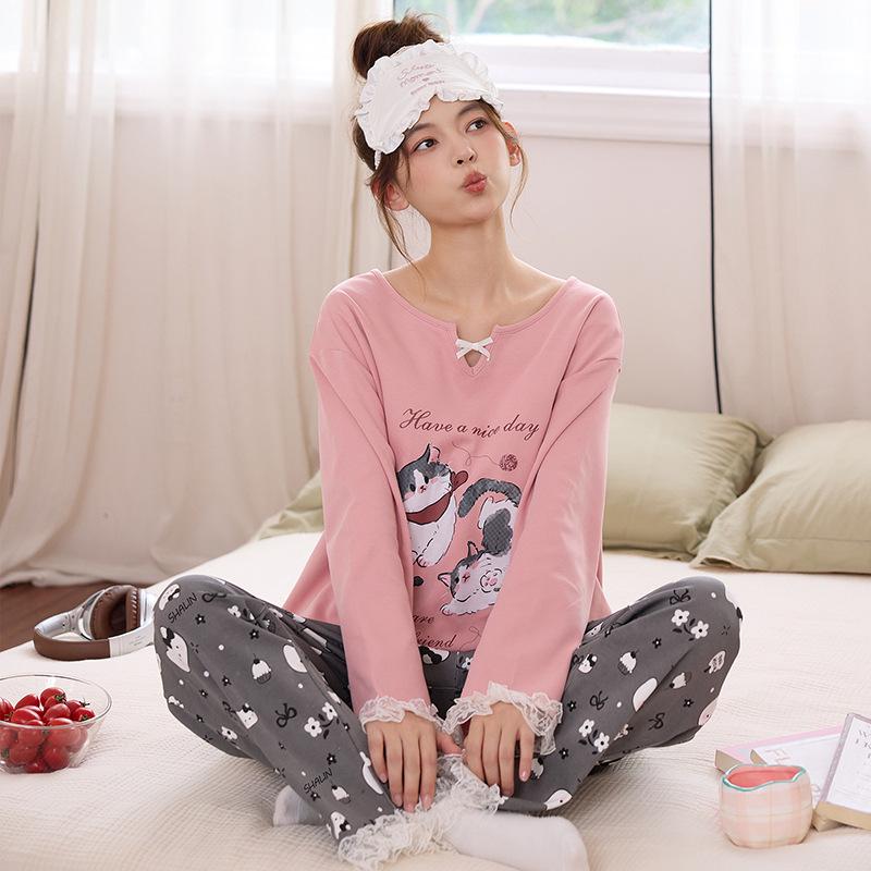 Women's Spring/Autumn Cotton Pajama Set with Built-in Bra, 2025 Model, Cute Dog Print, Indoor/Outdoor Wear