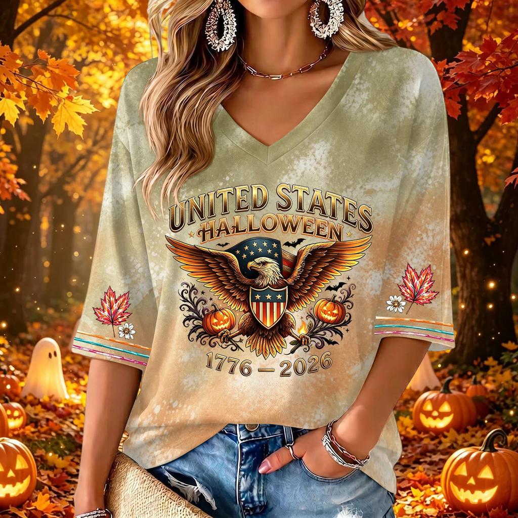 Women's Stylish V-Neck Halloween Print Three-Quarter Sleeve Casual Top for Party