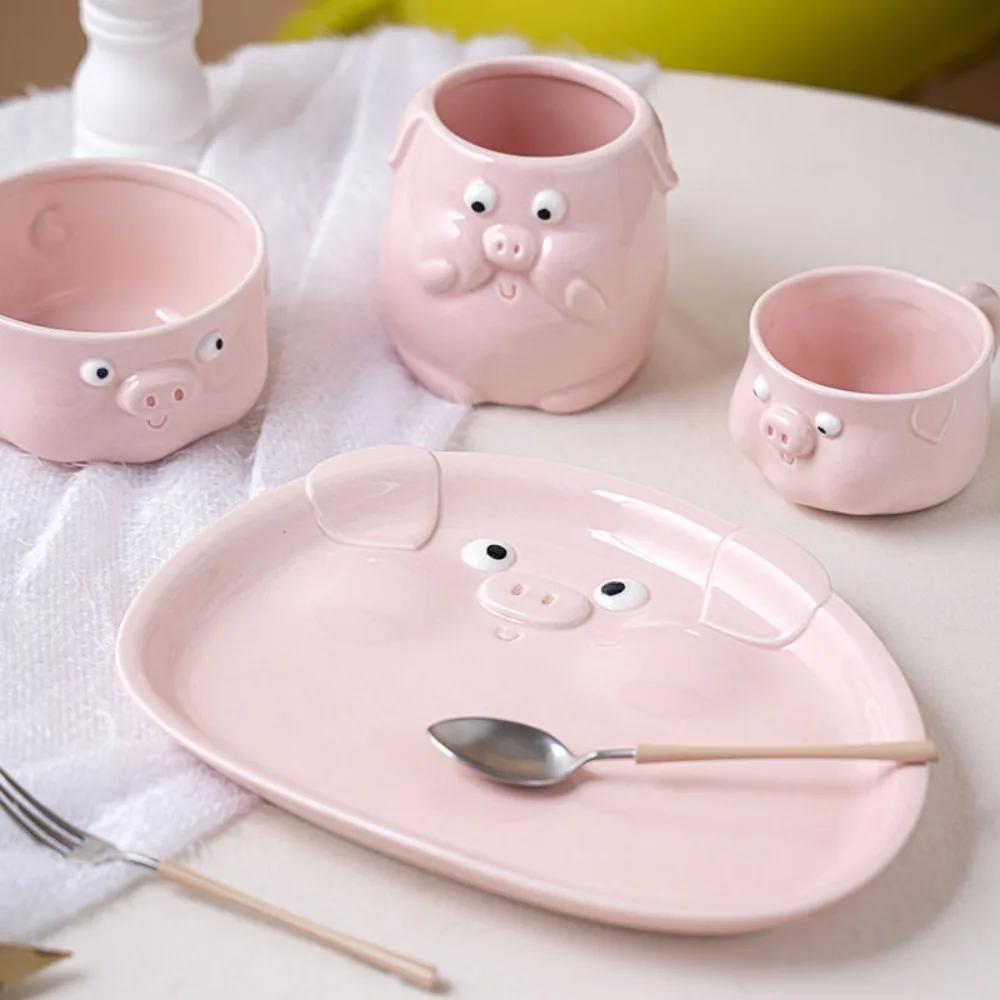 Cartoon Piggy Tableware Set, Cute Underglaze Dessert Plate, Mug, Coffee Cup, Household High-value Ceramic Rice Bowl Plate