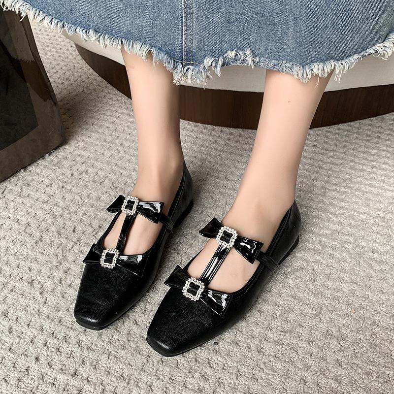 Fashion Flat Shoes Spring New Square Head Shallow Mouth Crystal Buckle Butterfly Knot Set Foot Soft Sole Non-slip Single Shoes