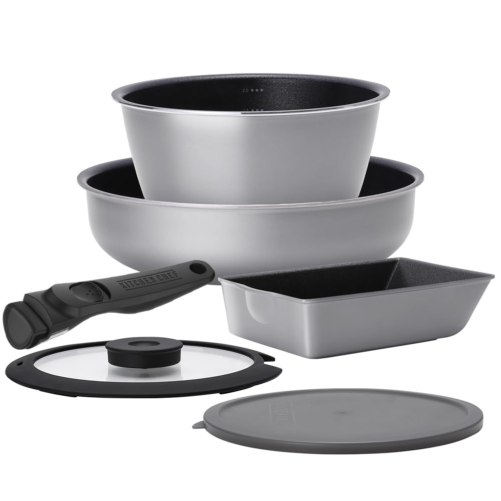 Iris Ohyama Frying Pan and Pot Set Slate IH and Gas Stove Diamond with Measuring Oven Detachable Egg Lid and Easy to Clean Series 6-Piece (DCI-S6S, серый