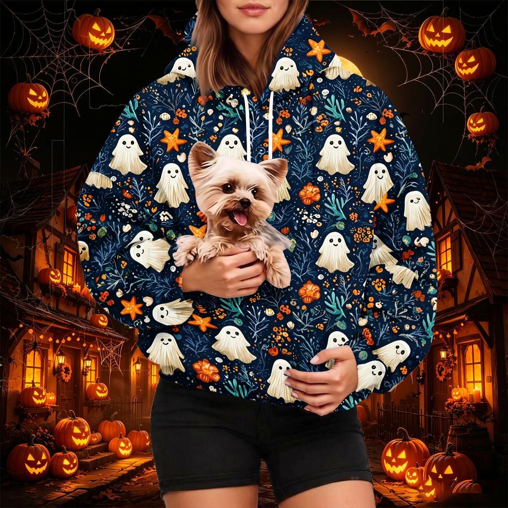 Women's Fashion Halloween Print Hoodie with Pet Pocket, Casual Pullover Sweatshirt for Fall