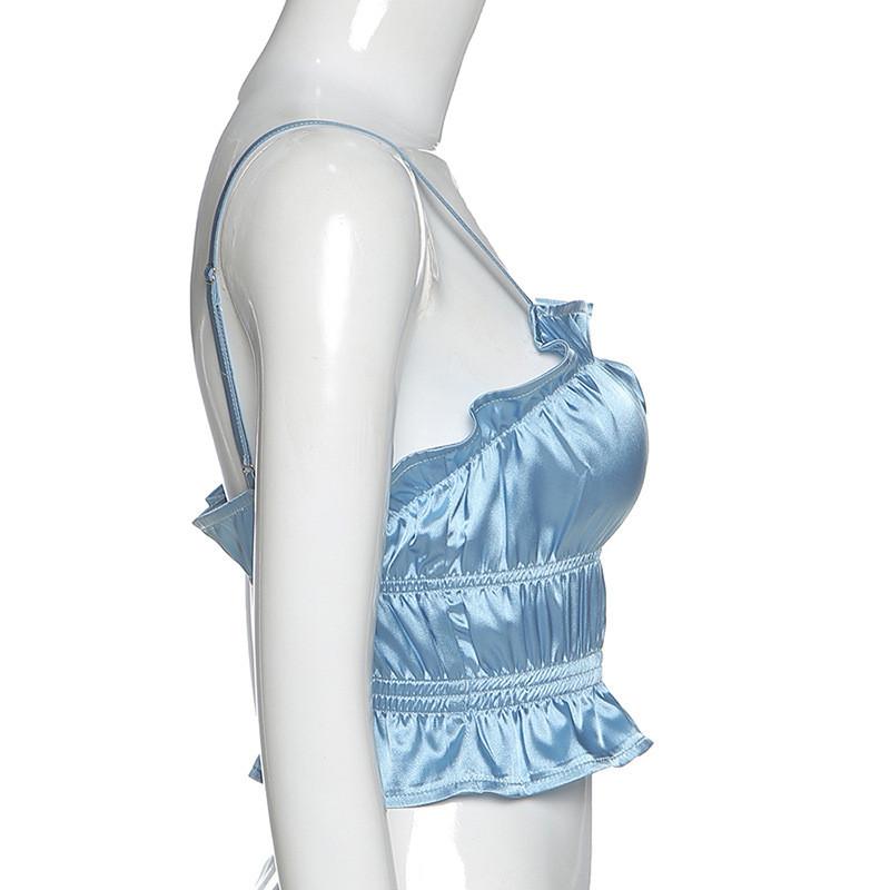 Summer Women Sexy Sling Straps Camisoles Ruched Ruffle Satin Streetwear Strapless Vest Crop tops Solid Slim Backless Club Camis