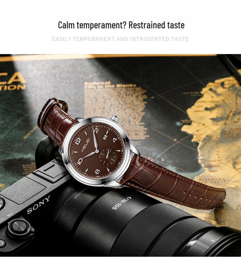 HELEI Men's Quartz Leather Watch - Waterproof, Three-Hand, Single Calendar