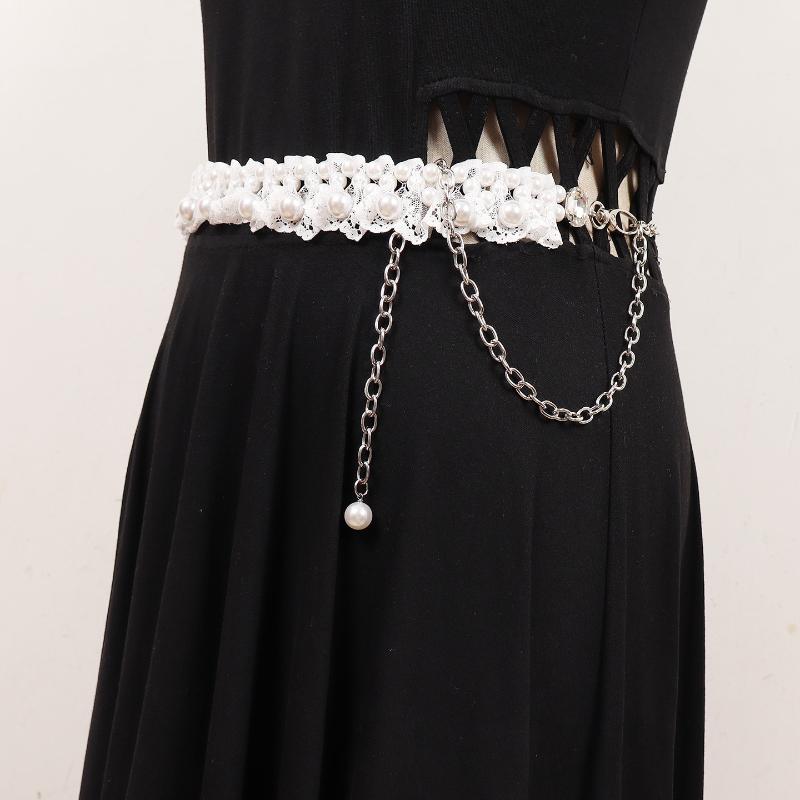 Жемчужный аксессуар на талию с отделкой из органзы и кружева Жемчужный пояс Белый цепочный пояс Регулируемые платья Женские аксессуары для талии больших размеров белый