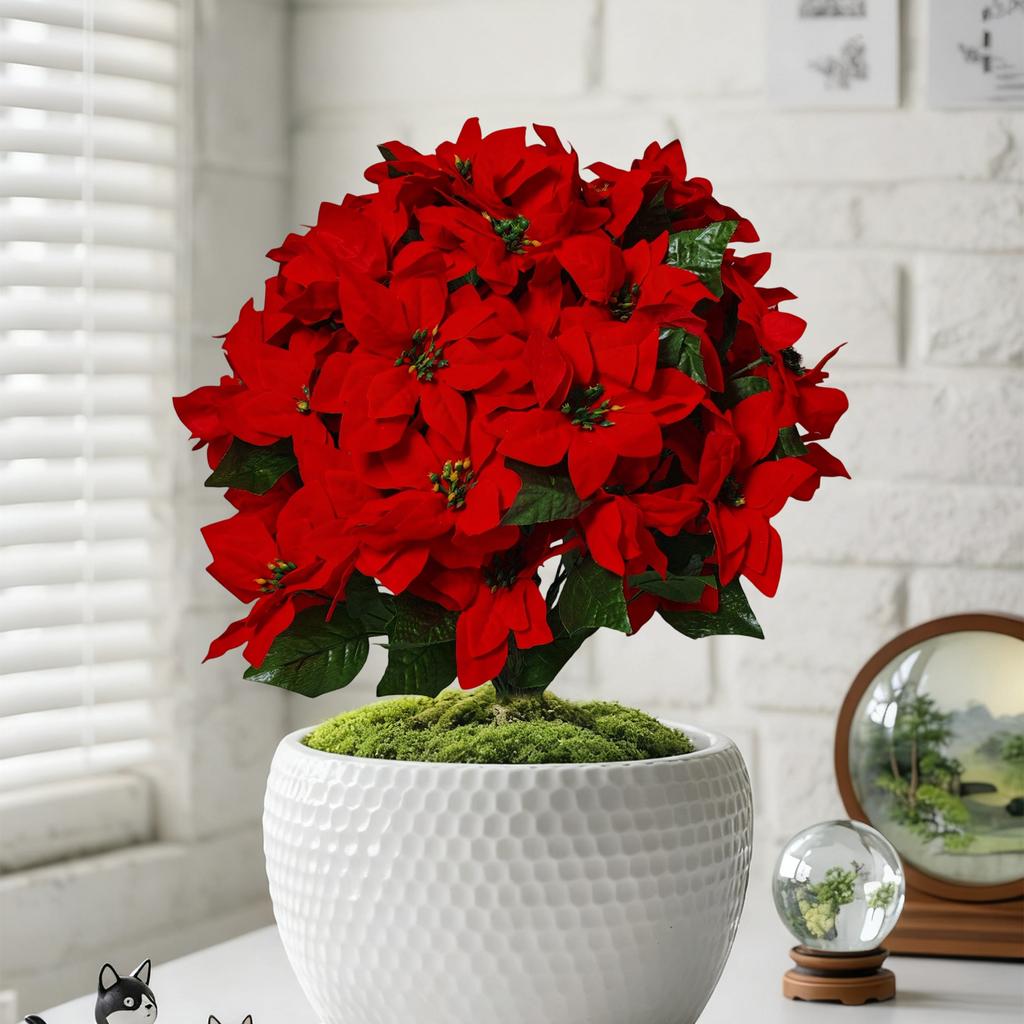 15in Artificial Poinsettia Bouquet, Red Poinsettia Shrub, Silk Poinsettia Bouquet, Suitable For Indoor And Outdoor Home Porch Garden Decoration.
