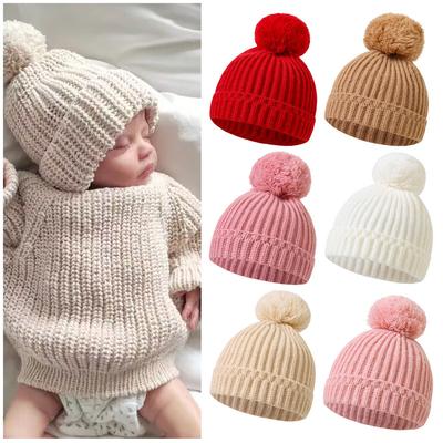 Neugeborene Baby Strickmütze 0-1 Jahre alt Einfarbig Freizeit Jungen Mädchen Herbst Winter Warme Mütze Niedliches großes Fellknäuel Design Kinderzubehör