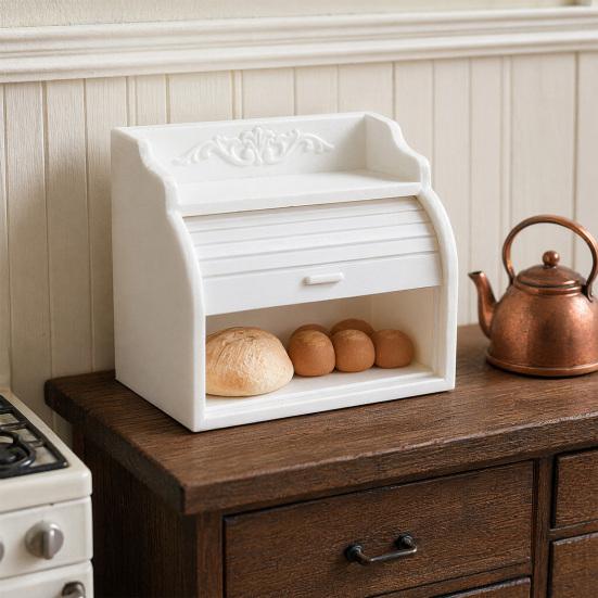 Miniature Cabinet with Breads, Tiny Rolling Shutter Cabinet, Realistic Mini Breads, Pretend Play Toys Furniture for 1/12 Scale Doll Mansion