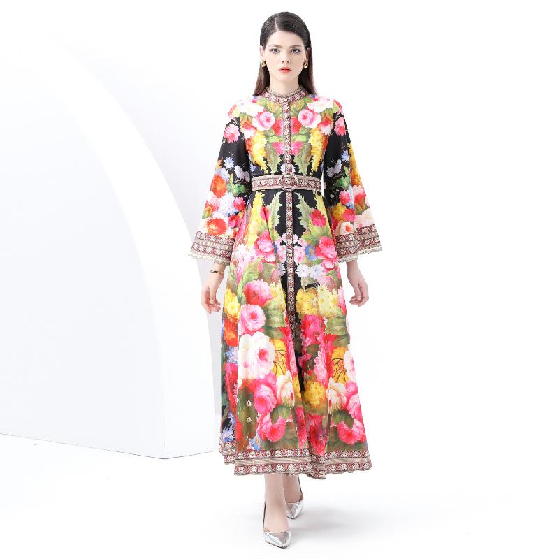 Dámské jarní a letní retro plážové šaty s jednořadým výstřihem ke kotníkům a páskem