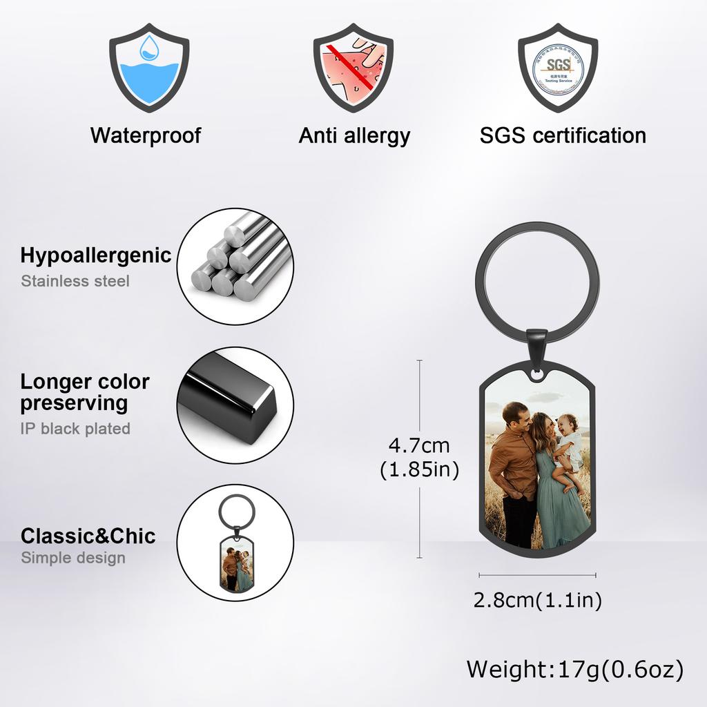 Vnox Family Image Engraved Keychain Gift for Men Dad Grandpa, Stainless Steel Dogtag Pendant,Photo Frame Memorial Key Chain Gift