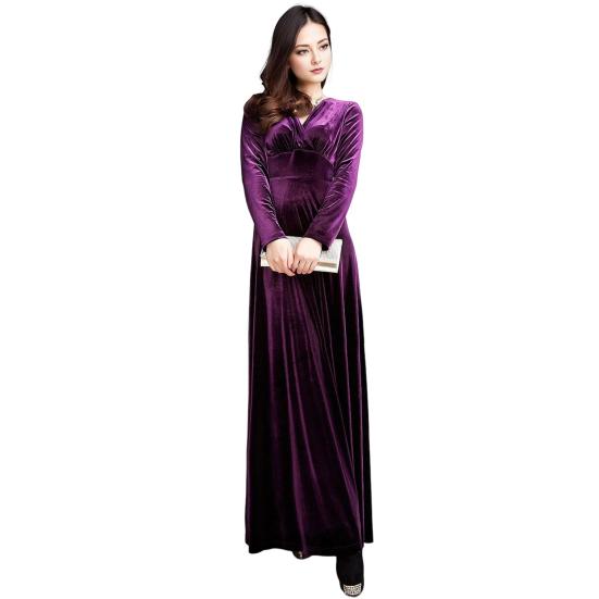 Women Evening Dress Golden Velvet V Neck Pleated A-line Pure Color Long Sleeves Full