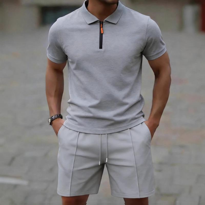 Mens Casual Half Zip Short Sleeve Top And Shorts Two Piece Set