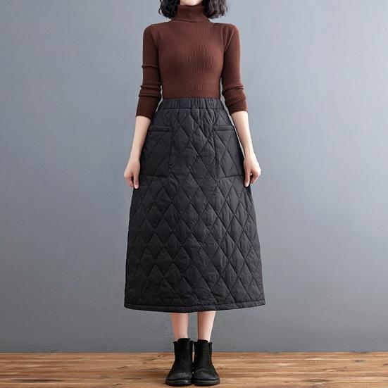 Women Down Skirt Elastic High Waist Large Swing Design Midi Skirt with Pockets Solid Color A-Line Windproof Skirt