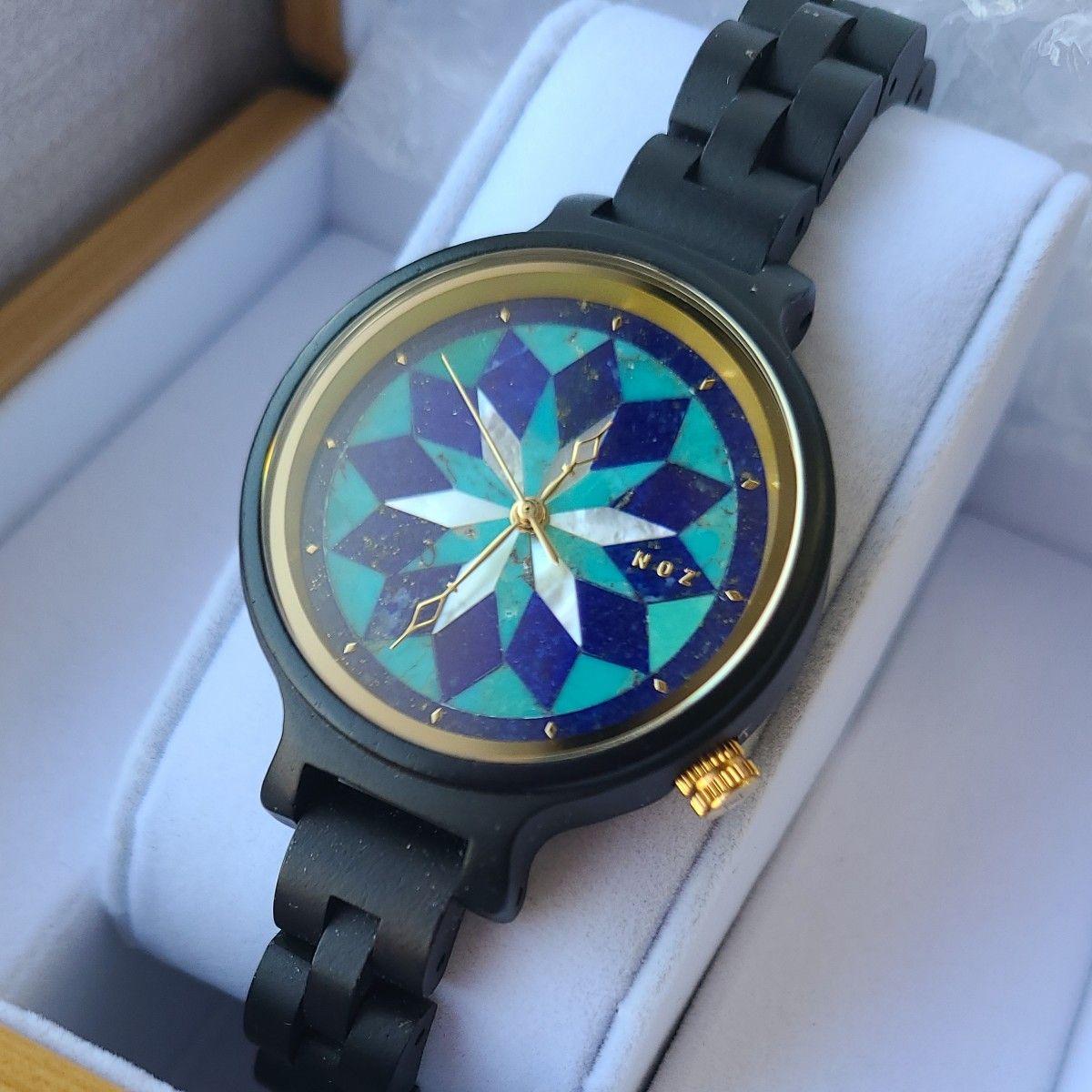 Used NOZ Watch Quartz Model Arabesque Ebony Natural Wood Band Dial 36mm