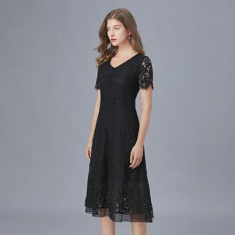 V-Neck Eyelash Lace A-Line Dress, European Style, Summer Fashion, Plus Size, Mid-Length Skirt, Fits Up to 200 Pounds