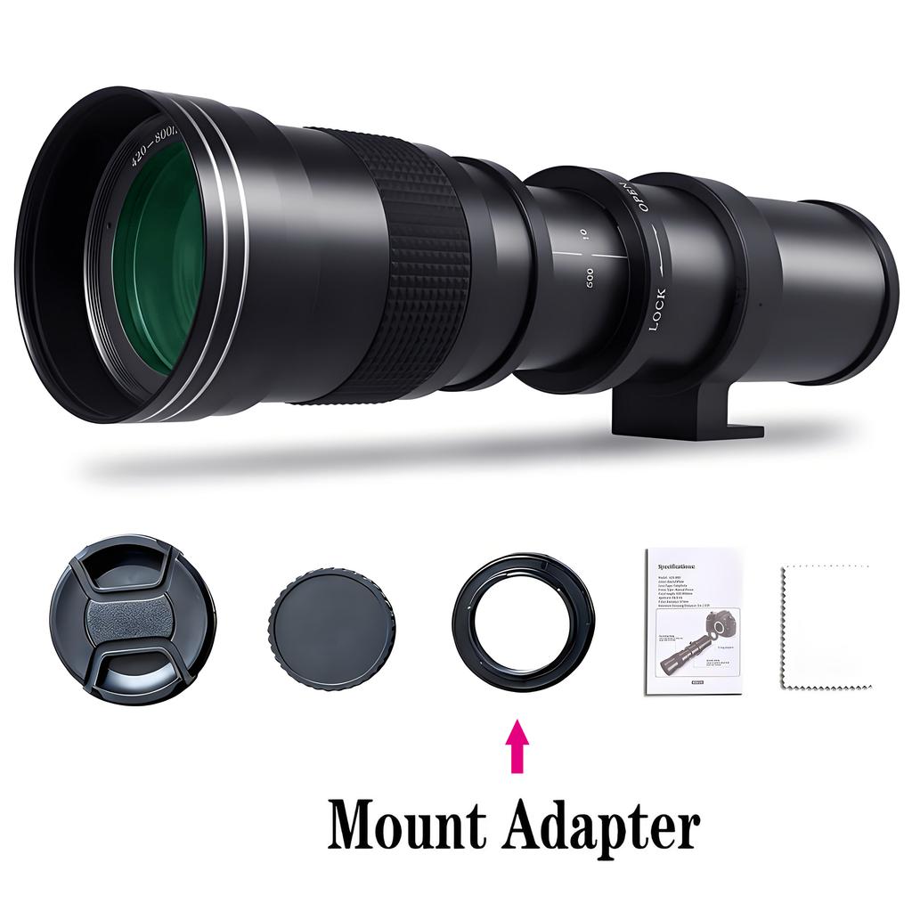 Super Telephoto Lens for Canon/Nikon/Sony - 420-800mm F/8.3-16 Long Focus Lens (Manual Zoom) for Manual Focus Dslr Cameras Lens
