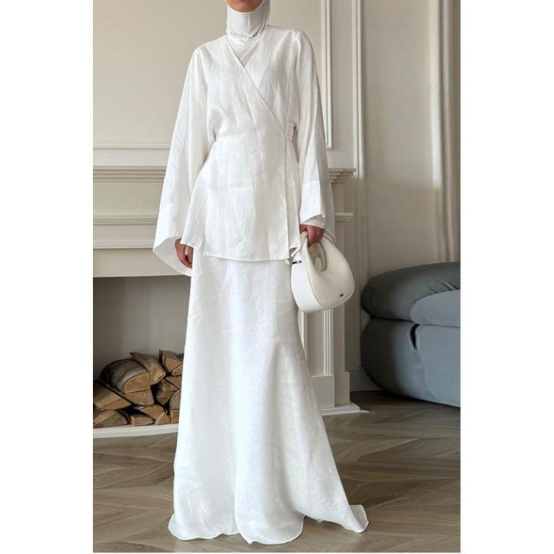 

Leisure Two-Piece Set European and American Lace-up Long sleeve Skirt Solid Fashion Casual Two-piece Set Women White XL