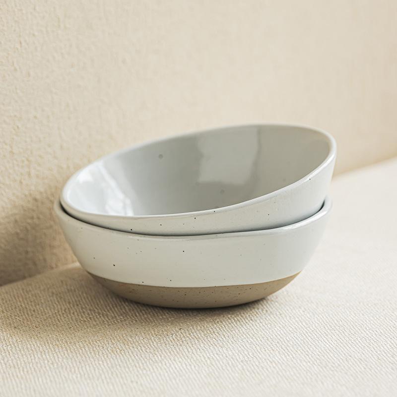 Minimalist Style Brown Bottom Ceramic Bowl Creative Oval Bowl Household Dish Bowl Noodle Bowl Salad Bowl Sesame Glaze Tableware Bowl
