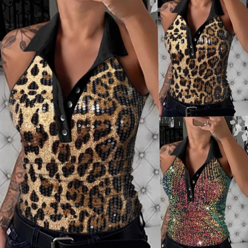 Jaro/léto Dámský sexy top bez rukávů s V-výstřihem, knoflíky a flitry