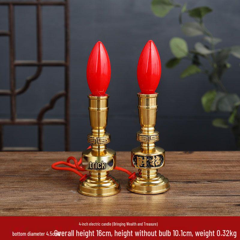Pure Copper LED Candle Lamp for Offering: Everlasting Wealth God Incense Candlestick