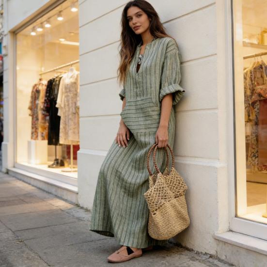 Women's 3/4 Sleeve Striped Maxi Dress Casual Loose Fit Sundress with Front Pocket Summer Beach Vacation Outfits