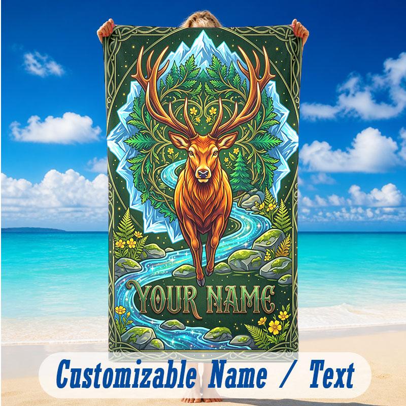 Deer Theme Beach Towel Personalized Custom Name & Text Soft Quick Dry Beach Towel for Swimming Travel