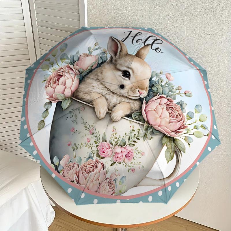1PC Rabbit Teacup Umbrella-8-Rib Reinforced, Automatic Open, Lightweight & Durable, Cute Fashion Accessory for Outdoor, Beach, or Casual Use, Beach Um