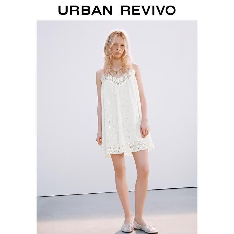 UR 2026 Summer Lace Embroidered Strappy Mini Dress XS грязно-белый