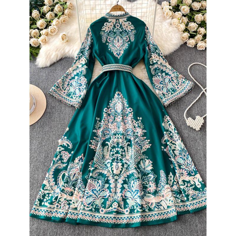 Spring Clothing New Arrival Retro Print Stand-up Collar Flared Sleeves Dress Women's Single-Breasted Large Hem Asymmetrical Pleated Long Skirt