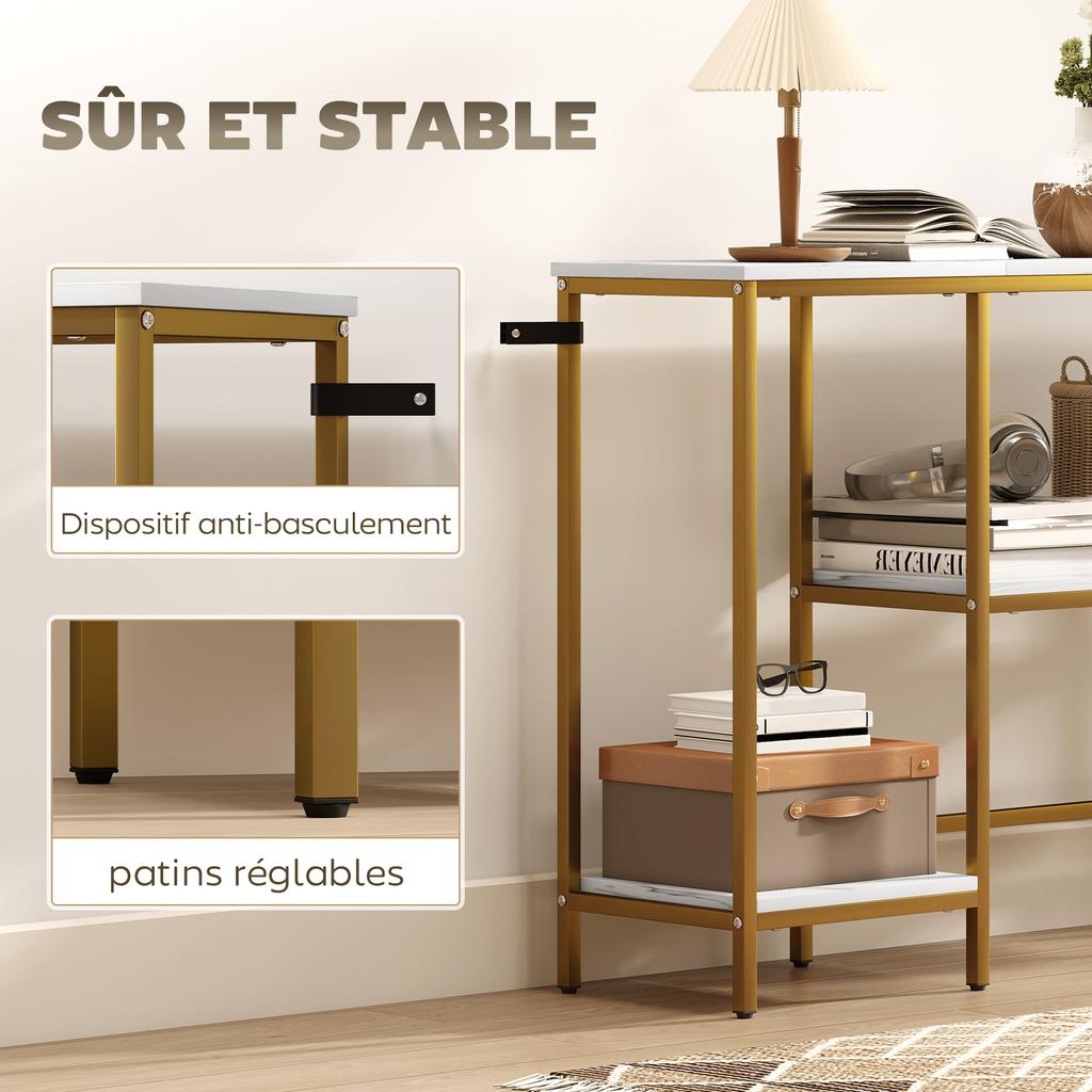 Mesa de Console de Três Níveis com Prateleiras de Armazenamento e Tampo com Efeito Mármore, 120 cm, Branco e Dourado