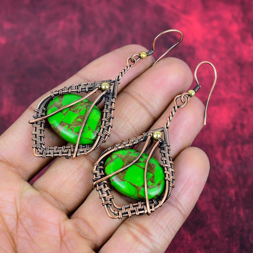 Brinco turquesa verde cobre brincos enrolados em fio de cobre joias de cobre feitas à mão brinco de pedra natural joias wrap de arame presentes para ela