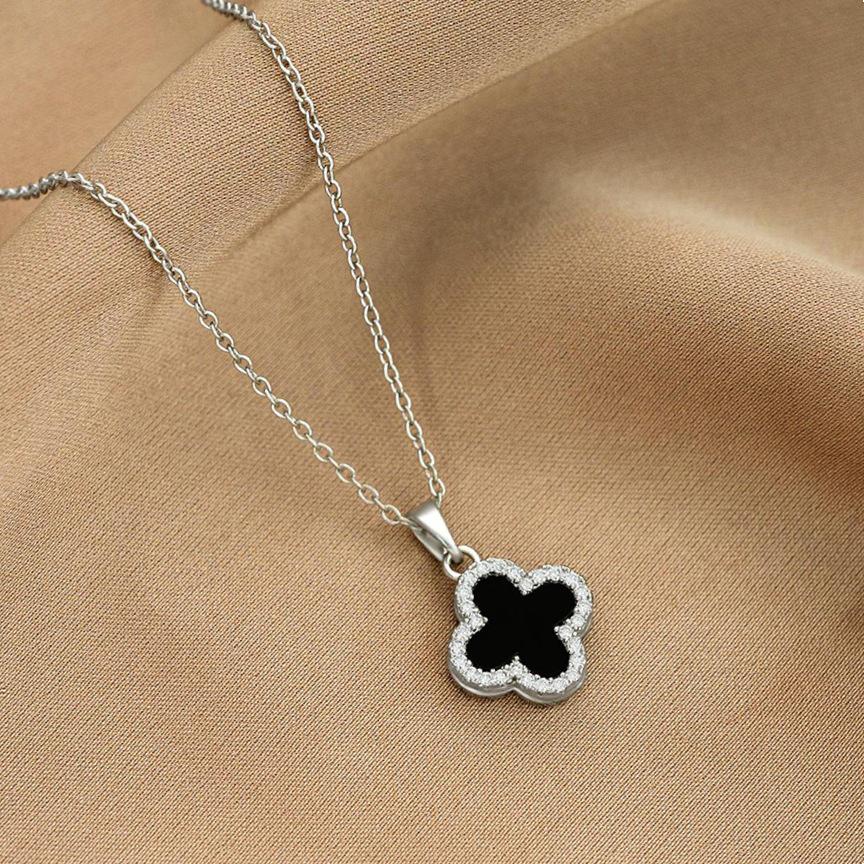 Elegant Double-Sided Rhinestone Four-Leaf Clover Necklace for Women – Titanium Steel, High-End Clavicle Chain