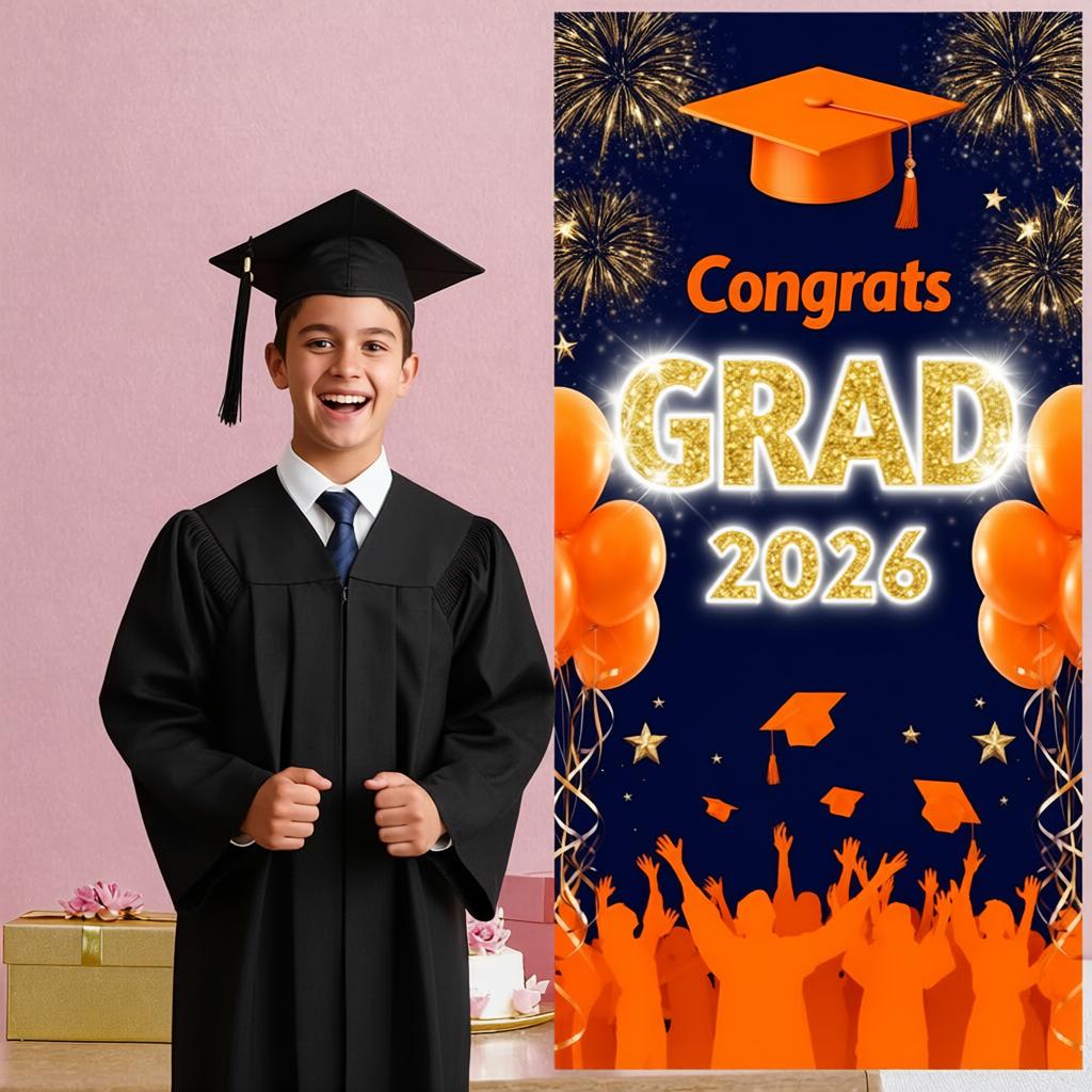 Grad Festive Display Orange Themed Senior Grad Banner 2026 Grad Banner Graduation Party Banner For Graduation Photo Shoot Indoor