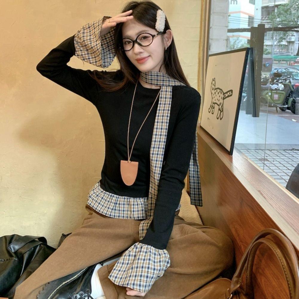 Lattice Ruffle Faux Two Piece T Shirt Sweet Slim Fit Top Soft Long Sleeve Top Spring