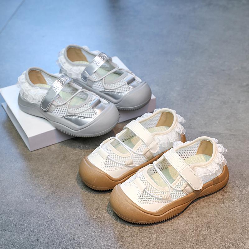 Girls Casual Shoes Toes Capped Air Mesh Breathable Kids Princess Shoes Hook&loop 2025 Summer New Children Flat Shoes Lace Sweet