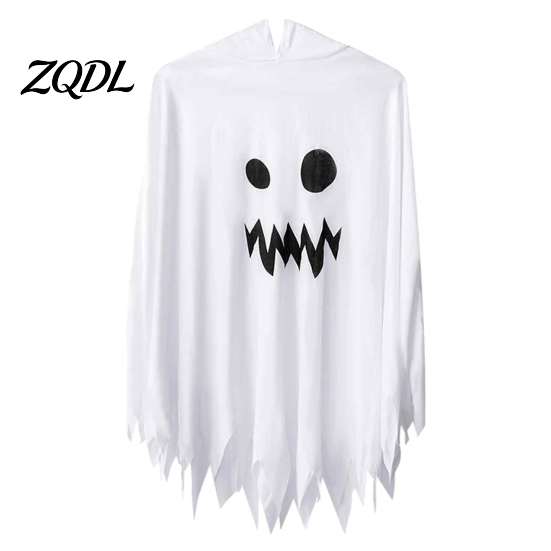 Comfortable Kindergarten Performance Clothes Hooded Ghost Costume, White/Black Cape Costume for Kids Adults, Spooky Lightweight Breathable Halloween