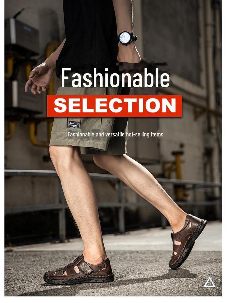 Men's Outdoor Genuine Leather Sandals: Breathable, Hollow, Casual Beach Shoes, Large Sizes Available.