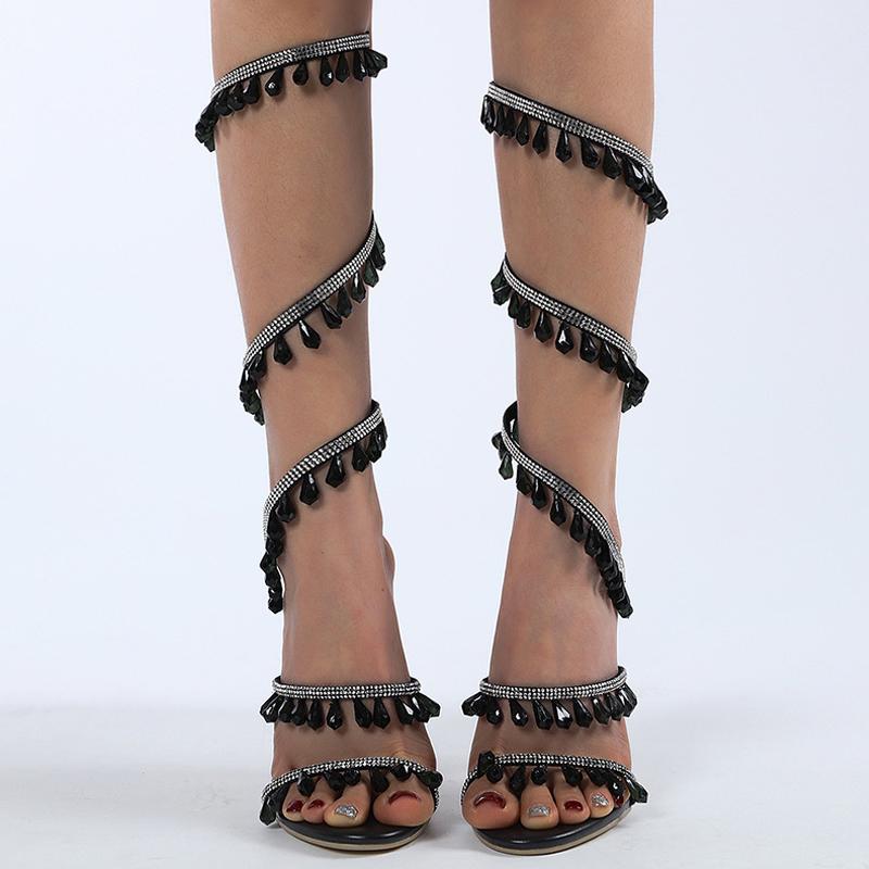 Liyke New Design Crystal Gemstone Pendant Slip-On Ankle Strap Sandals Women Wedding Prom Shoes Sexy Open Toe Club Stripper Heels