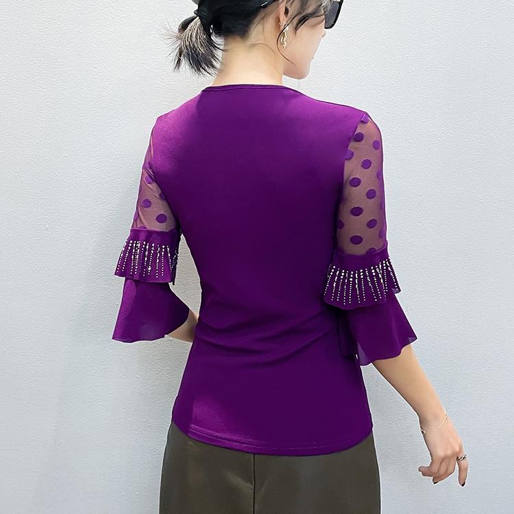 2026 Été Femme Col en V Strass Chauds T-shirts Vêtements Fille Doux Manches Évasées Extensibles Fête Hauts Femmes Extensibles Maille T-shirts
