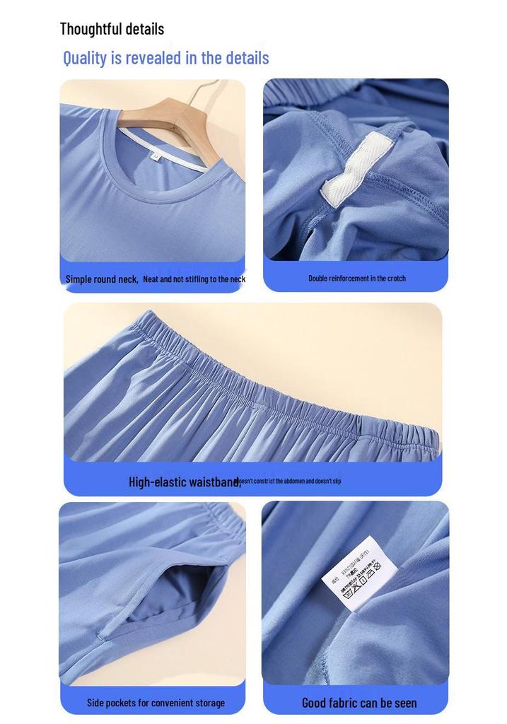 Men's Bamboo Fiber Pajama Set - Natural Antibacterial, Loose Short Sleeve Top & Shorts for Home or Outdoors, Spring/Summer.