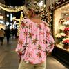 Women's Christmas Print Long Sleeve V-Neck Top with Ruffle Trim and Front Tie