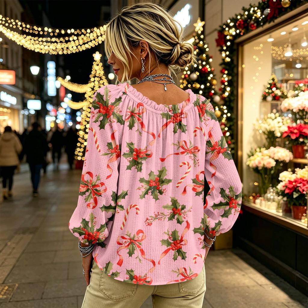 Women's Christmas Print Long Sleeve V-Neck Top with Ruffle Trim and Front Tie