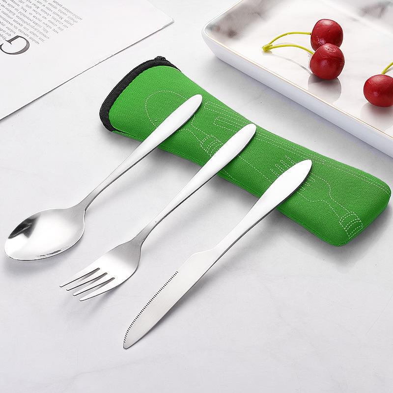 Portable Stainless Steel Western Cutlery Set: Knife, Fork, Spoon & Cloth Bag - Creative Three-Piece Gift Set