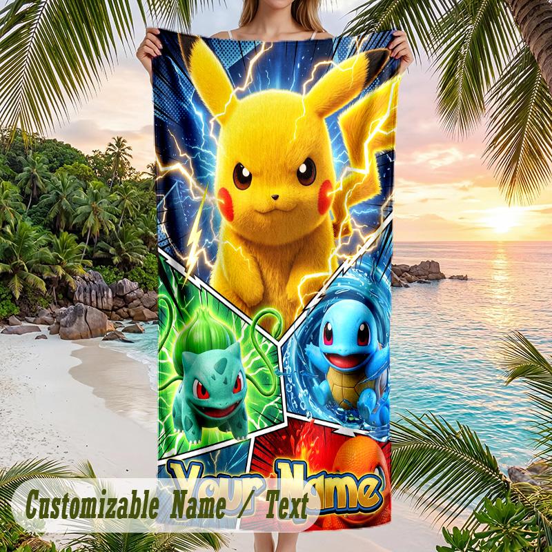 Pokémon Beach Towel, Personalized Custom Name Text, Quick Dry Large Absorbent Towel For Beach Pool