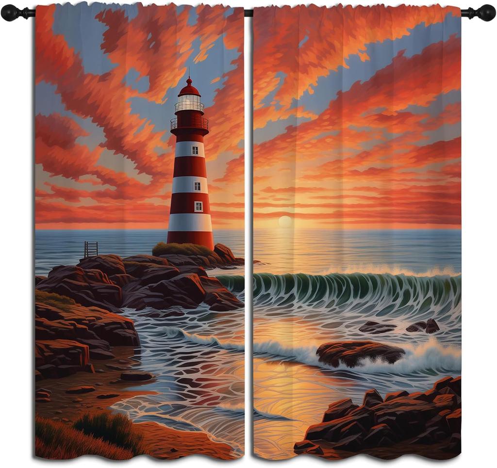 Nautical Lighthouse Rod Pocket Blackout Curta For Boy Girl Bedroom, Waves Seagull Blue Watercolor Art Thermal Insulated Home