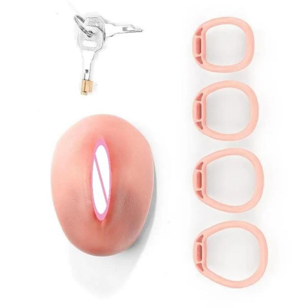 Realistic Vagina Texture Chastity Cage – 4 Sizes Penis Rings for Men | Curve Cock Lock Bondage Toy for Sissy & Gay Fetish Play