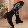 Retro Embroidery Low Heels Western Boots for Women Autumn Pointed Toe Cowboy Boots Woman Black Suede Knight Boots Plus Size 43