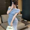 Summer Korean Style Pure Desire Sexy Slant Neck Dress for Women, Off-shoulder Slimming Versatile Hip-hugging Mid-Length Dress